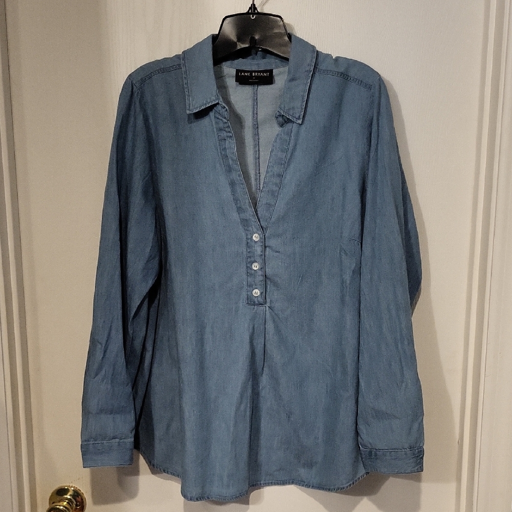 Lane Bryant Blue Chambray V-neck Shirt